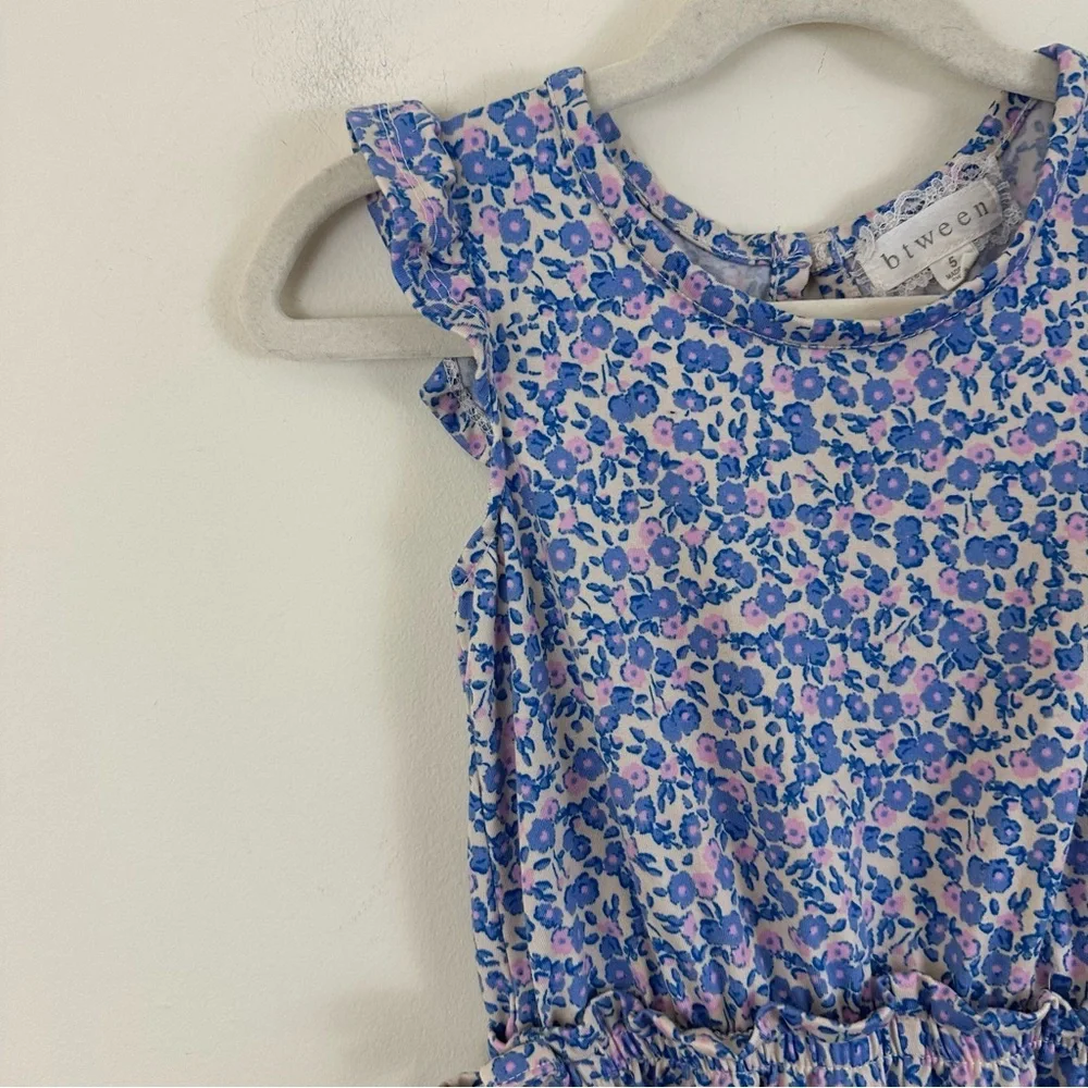 Btween Blue and Purple Floral Ruffle Sleeve Kids Romper Size 5 Girl's